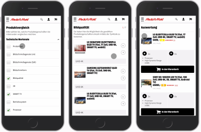 A comparison of the Media Markt website in German showing three mobile views how a user can find a product