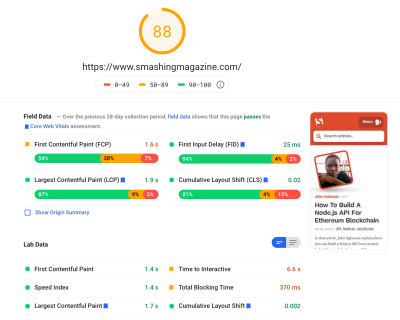 Lighthouse score on mobile shows between 65 and 80