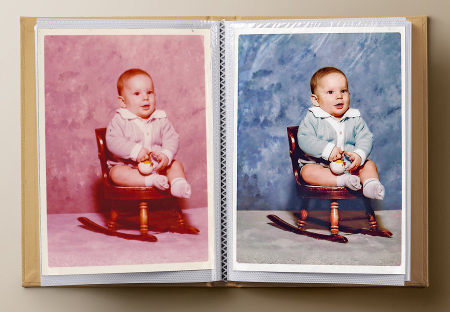 Red color faded baby photographs return original coloring
