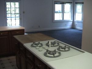 View of living area with brown wood floor from kitchen. Countertop (island) has gas range.