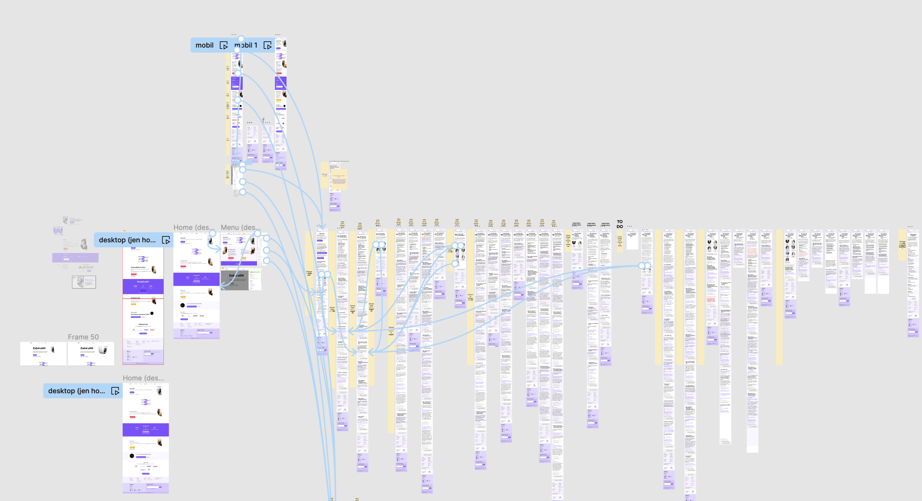 Several screens in Figma connected with interaction spaghetti, too small to read