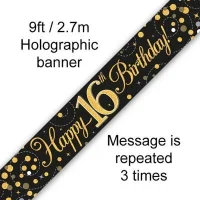 Sparkling Fizz Numbered Birthday Black & Gold 9ft/2.7m Holographic Banner