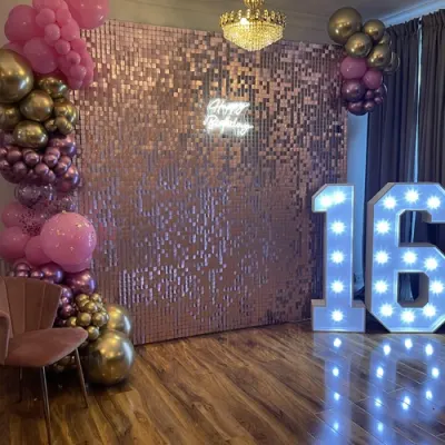 Sequin Shimmer Wall With Neon Signage And Balloon Display, Plus Led Light Up Numbers For A 16th Birthday In Wilmington By Deluxe Flower Walls