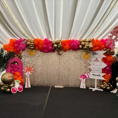 Ibiza Themed Party In Essex With Balloons Sequin Wall And Props To Hire