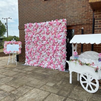 Pink Flower Wall, Floral Welcome Sign And Sweet Cart For A Party In Bexley By Deluxe Flower Walls