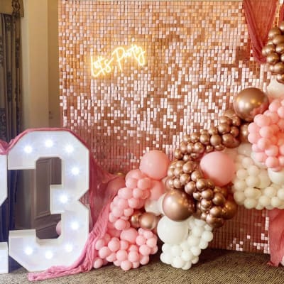 Pink Sequin Wall Balloon Arch Led Numbers And Neon Signage For An Event In Bexley By Deluxe Flower Walls