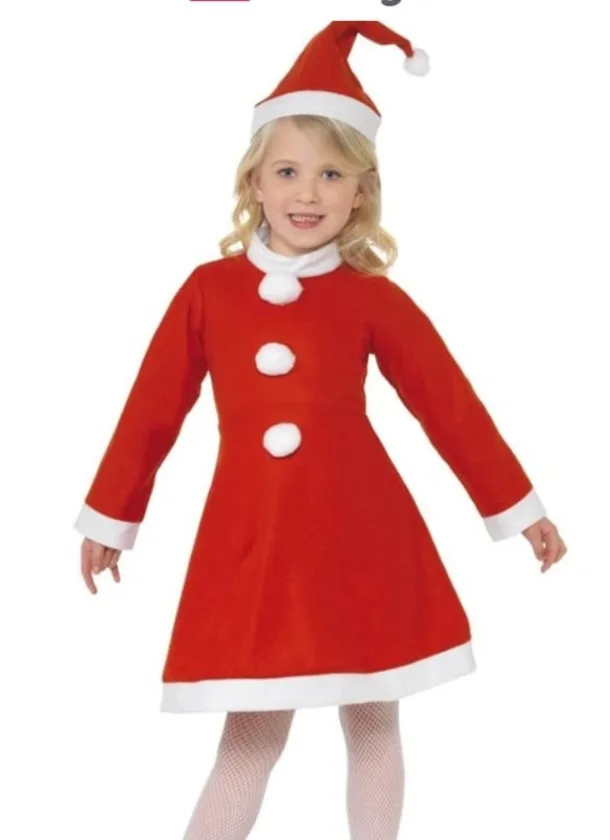 Santa Girl (dress With White Pom Poms & Hat) - One Size