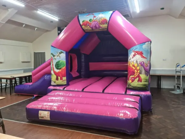 Dinosaur Pink And Purple Disco Side Slide Combi Bouncy Castle