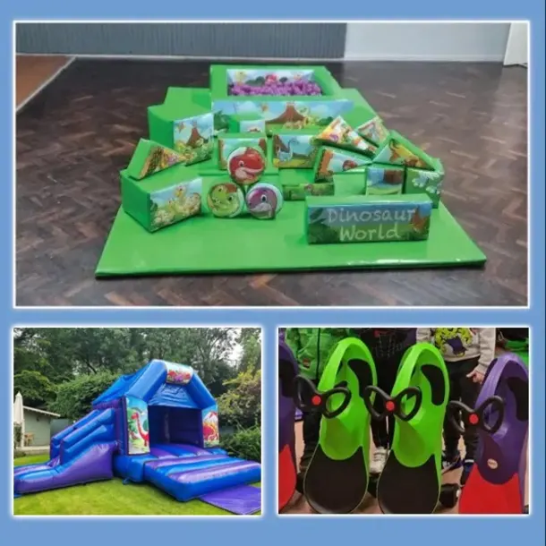 18ft X 14ft Dinosaur Blue And Purple Side Slide Combi Bouncy Castle And Soft Play Package