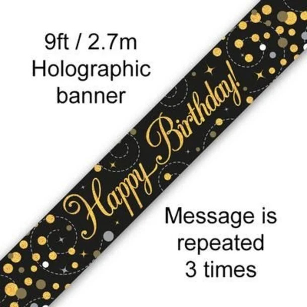 Sparkling Fizz Happy Birthday Black & Gold 9ft/2.7m Holographic Banner