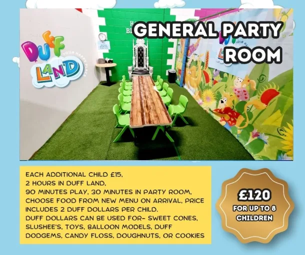Duff Land Party Bookings - General Room Party