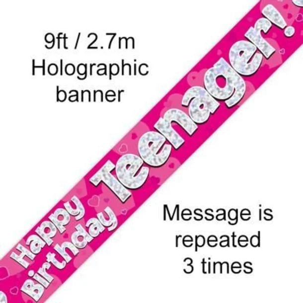 Pink Happy Birthday Teenager 9ft/2.7m Holographic Banner