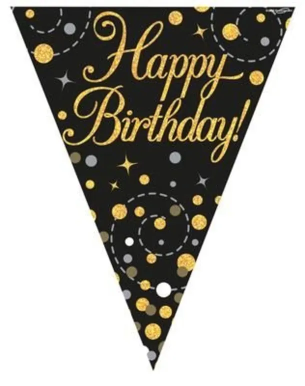 Party Bunting Sparkling Fizz Happy Birthday Black & Gold 11 Flags 3.9m