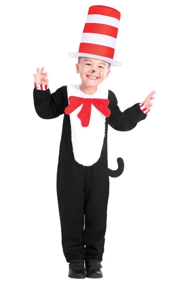 Cat In The Hat Jumpsuit, Hat And Tail Kids Fancy Dress Costume