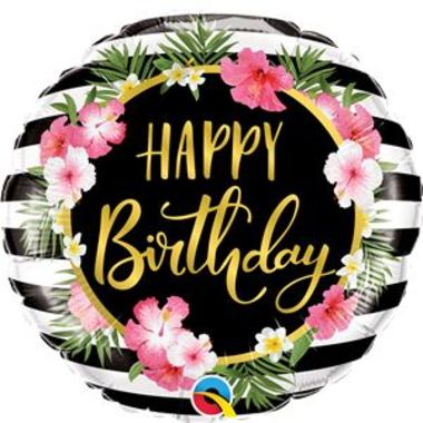 Birthday Hibiscus Flower & Stripes Foil Balloon - 18inch Balloon