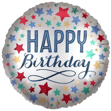 Silver Satin Stars Happy Birthday Balloon - 18inch Foil