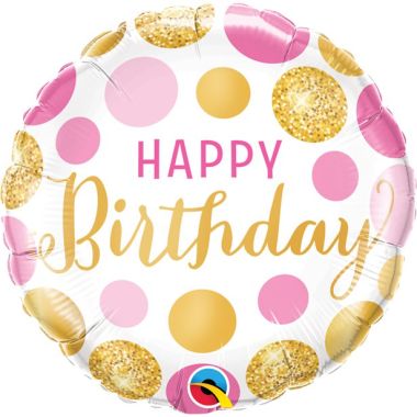 Happy Birthday Pink Gold Dots Balloon - 18inch Foil
