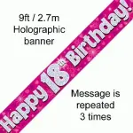 Pink Numbered Birthday 9ft/2.7m Holographic Banner