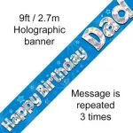 Blue Happy Birthday Dad 9ft/2.7m Holographic Banner