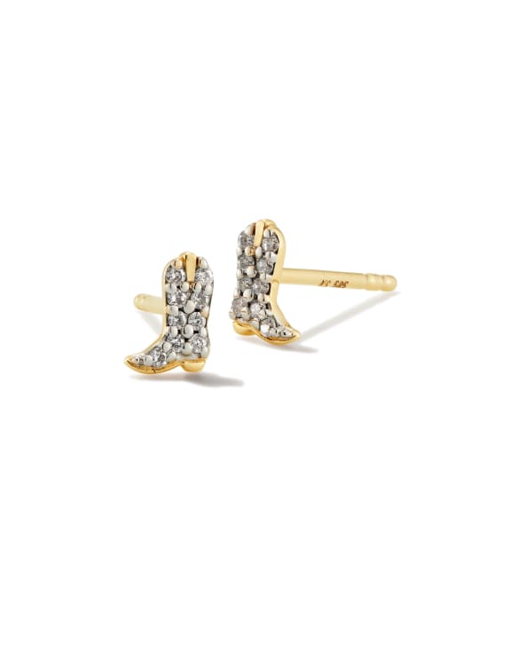 Tiny Cowboy Boot 14k Yellow Gold Stud Earrings in White Diamond