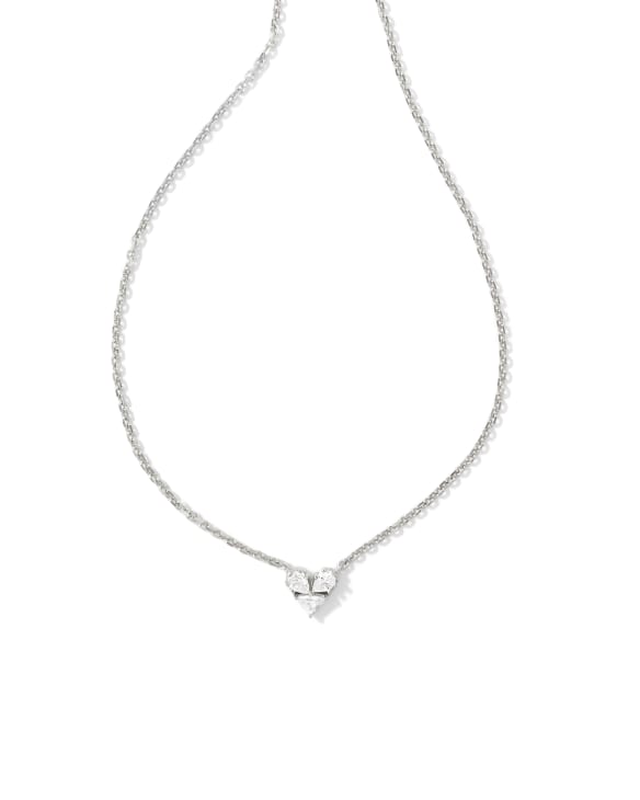 Katy Silver Heart Short Pendant Necklace in White Crystal