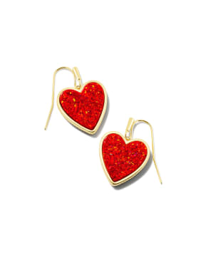 Heart Gold Drop Earrings in Red Kyocera Opal 