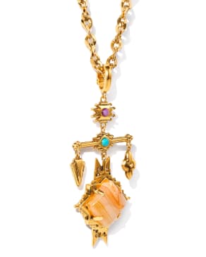 Cass Vintage Gold Large Long Pendant Necklace in Orange Banded Agate