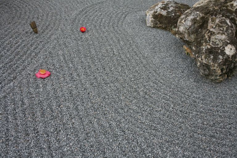 rock garden with flower petals at the Harn Museum