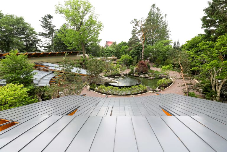 view of pond, trees, and path from roof