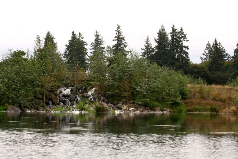 pond, bridge, and trees at Talking Water Gardens