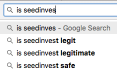 screenshot of a google search showing first auto-suggest result for a search for seedinvest is 'is seedinvest legit'