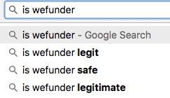 screenshot of a google search showing first auto-suggest result for a search for wefunder is 'is wefunder legit'