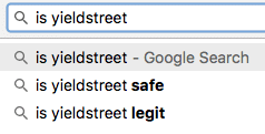 screenshot of a google search showing first auto-suggest result for a search for yieldstret is 'is yieldstret legit'