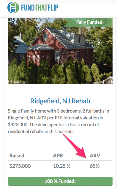 screenshot of a listing showing ARV on FundThatFlip
