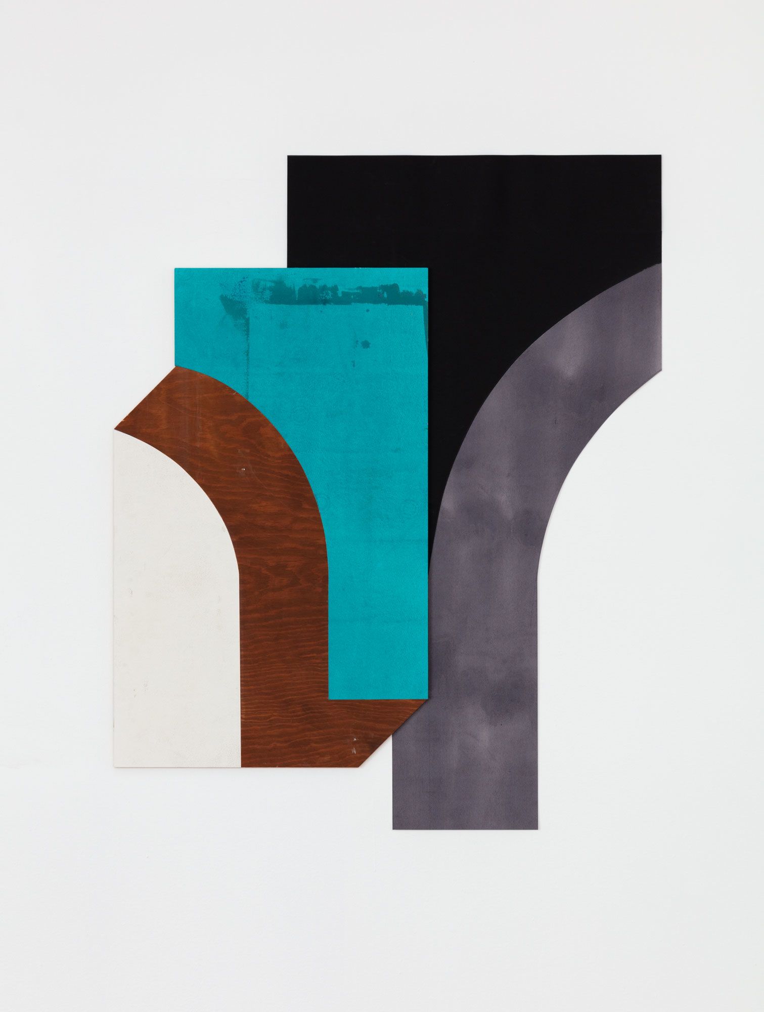 Untitled (wood, teal, black, and gall ink curves)