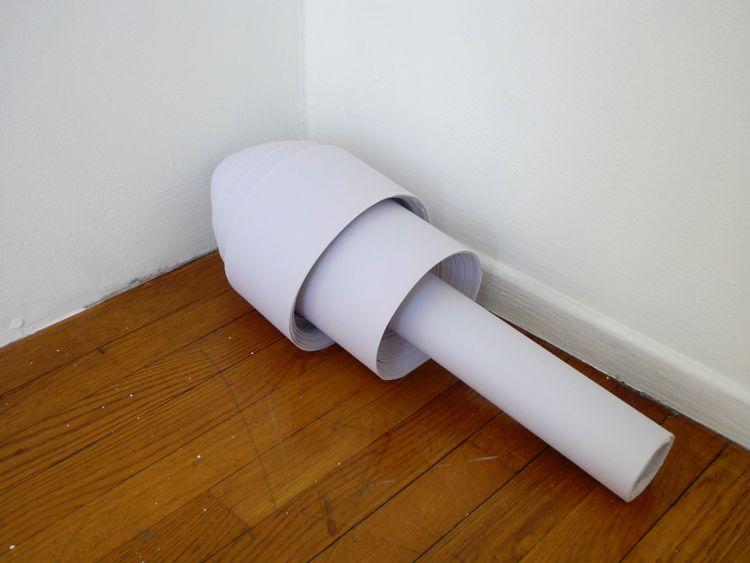 ...with Observations on their Habits, [aluminum pedestal with paper rolls and gray foam + 3 paper rolls in hallway], detail