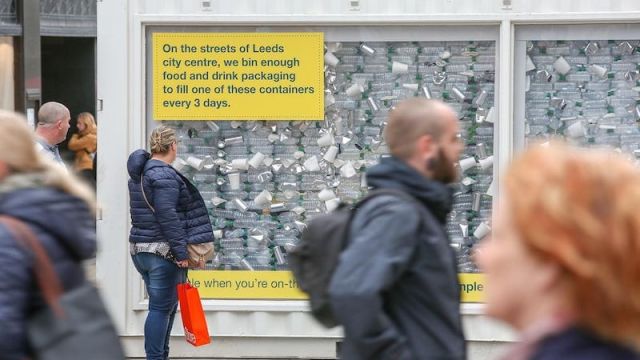 Photo of an exhibition showing how much food and drink packaging we waste in Leeds every three days