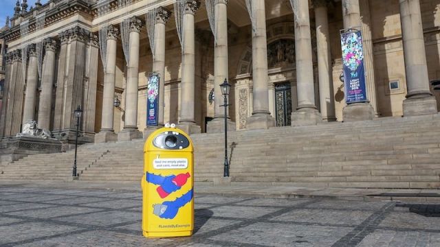 Photo of Gordon Binnit – our friendly burping recycling bin – outside Leeds Town Hall