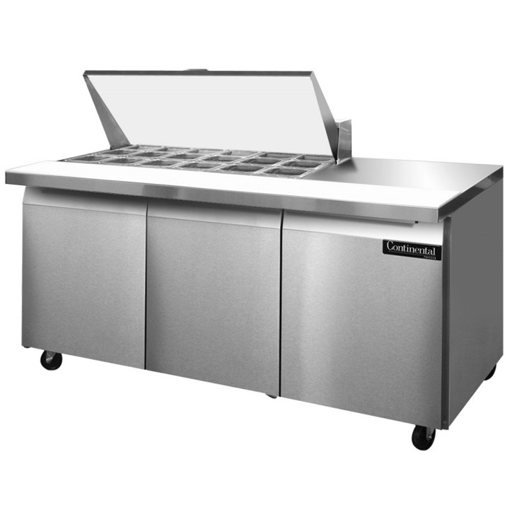 Continental Refrigerator SW72-18M 72 Mighty Top Sandwich Prep Refrigerator with Three Solid Doors