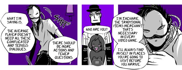 Petitecreme: Zacharie has an exchange with the Batter and Tuvynia in the OFF comic.