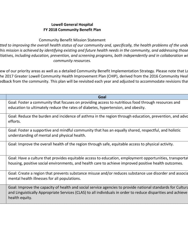 Lowell General Hospital 2018 Community Benefit Plan