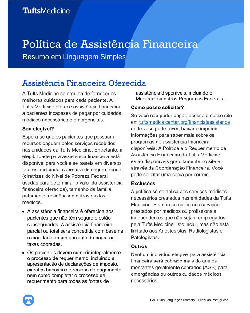 Tufts Medicine Financial Assistance Policy Plain Language Summary - Portuguese