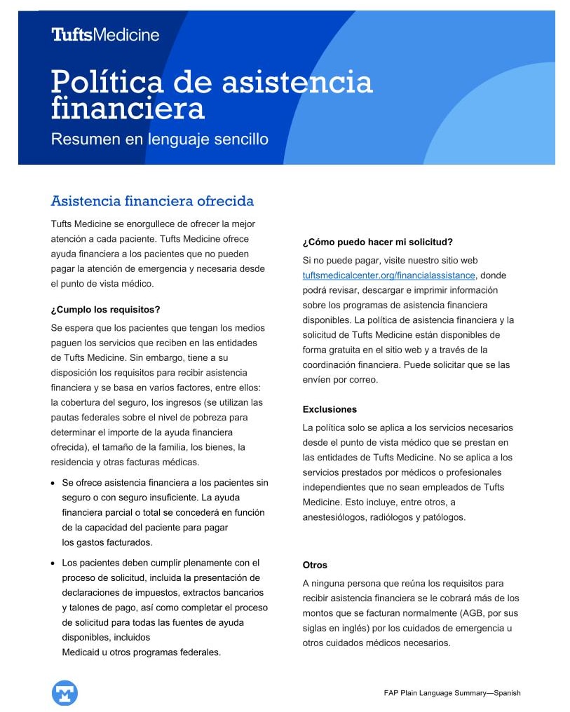 Tufts Medicine Financial Assistance Policy Plain Language Summary - Spanish