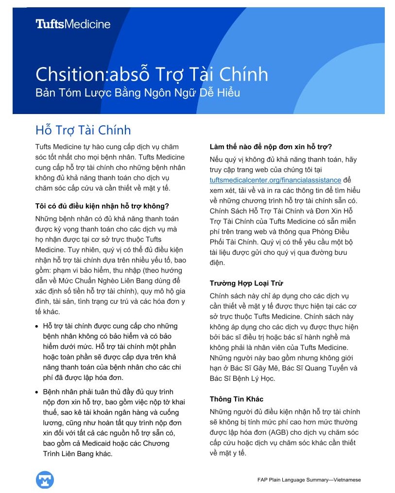 Tufts Medicine Financial Assistance Policy Plain Language Summary - Vietnamese