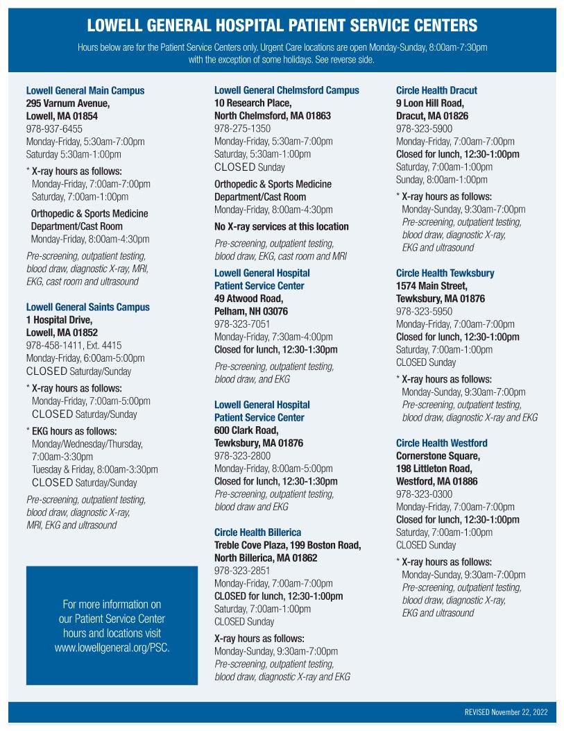Lowell General Hospital Patient Service Center and Circle Health Urgent Care location flyer