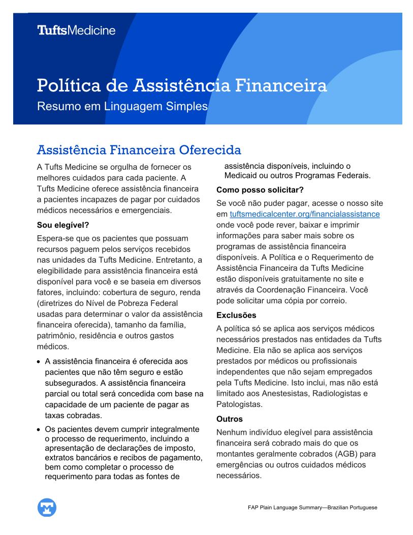 Tufts Medicine Financial Assistance Policy Plain Language Summary - Portuguese