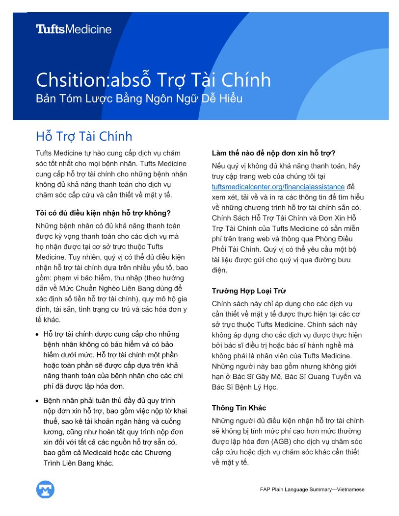 Tufts Medicine Financial Assistance Policy Plain Language Summary - Vietnamese