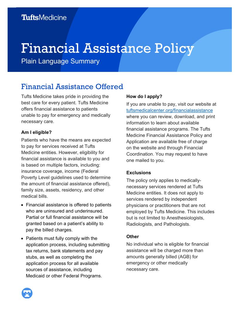 Financial Assistance Policy Plain Language Summary