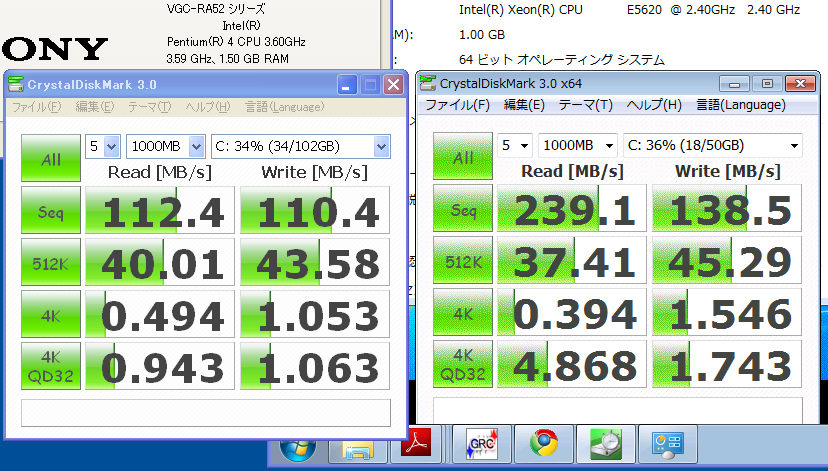 HDDのBENCH結果。左が物理PC、右がVPS