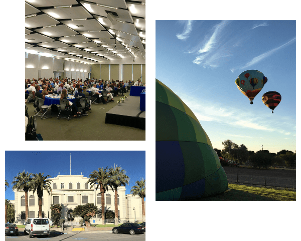 Collage of a Yuma County Chamber luncheon, a historic downtown Yuma building lined with palm trees, and hot air balloons rising over the valley
